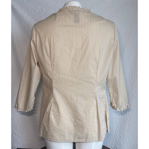 BCBG MaxAzria Womens Blouse Top Tan Stripes Ruffle Sleeve Edge Shirt Size 10 - Picture 2 of 13